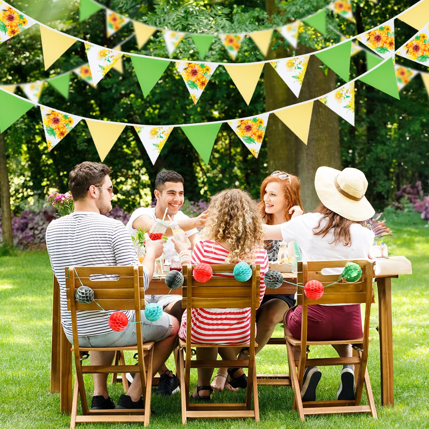 G2PLUS 39Ft Triangle Bunting Banner, Yellow & Green Sunflower Garland Pennant Banner, Reusable Cotton Triangle Flags Party Decoration for Garden Party, Fall Decor & Outdoor Celebrations