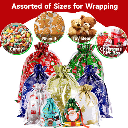 G2PLUS 20PCS Christmas Drawstring Gift Bags Assorted Sizes, Goodie Bags with Ribbon, 8 Designs Aluminum Foil Christmas Bags, Present Wrapping Bags for Packages, Holidays, and Birthday Party