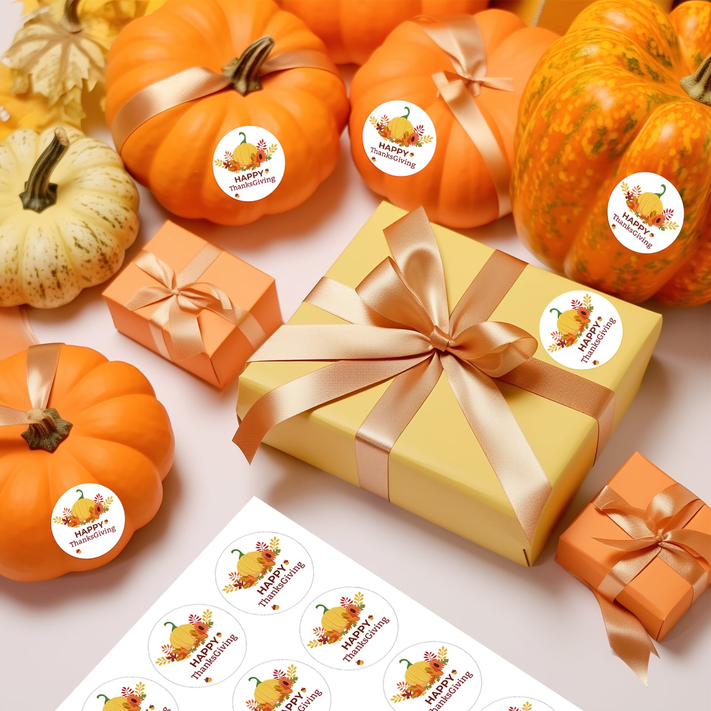 G2PLUS Thanksgiving Stickers, 60PCS Happy Thanksgiving Stickers, 2'' Round Thanksgiving Day Stickers, Fall Holiday Pumpkin Gift Sticker, Fall Theme Envelope Seals for Autumn Harvest Party Favors