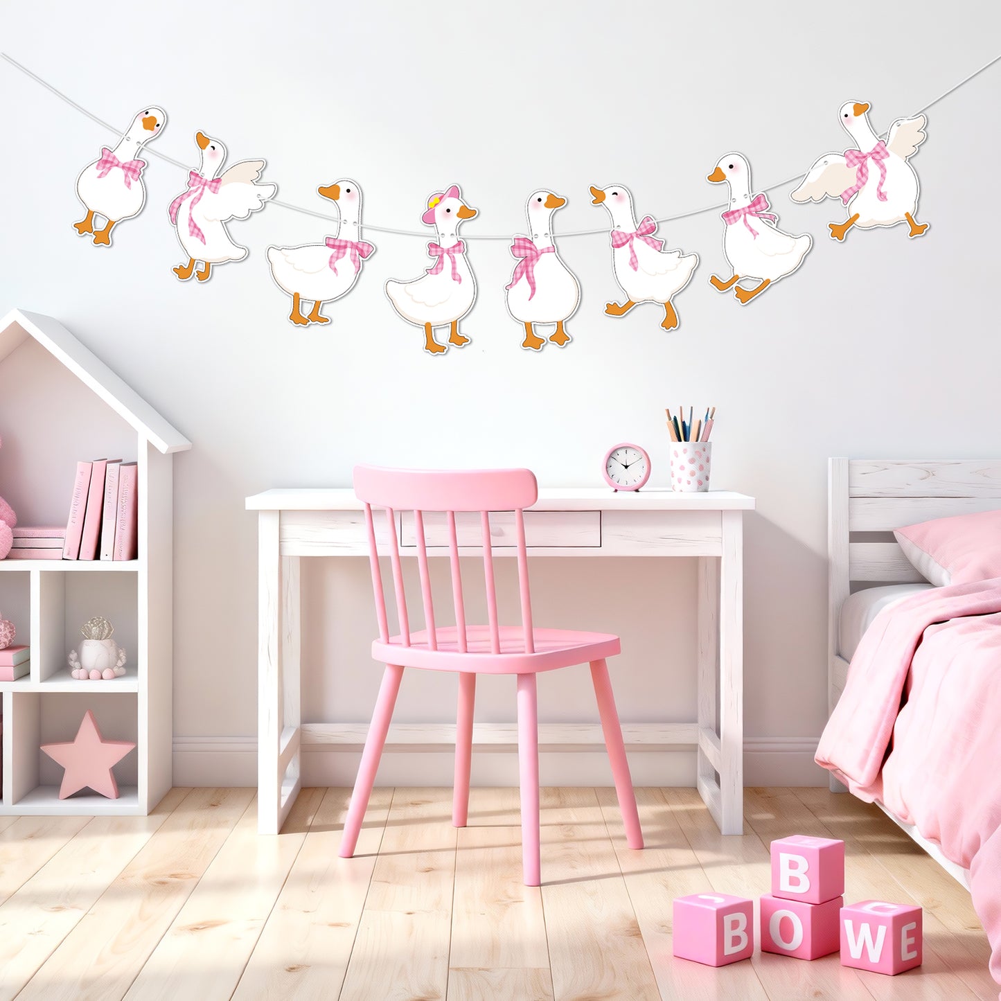 G2PLUS Pre-Strung Silly Goose Birthday Banner, 19.6Ft Pink Bow Paper Bunting Garland, Cute Animal Party Decor for Birthday, Nursery Room & Spring Celebration