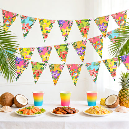 G2PLUS Hawaiian Bunting Banner, 39Ft Pre-Strung Tropical Party Banner, 4 Pack Double Sided Paper Hawaiian Floral Bunting Garland for Luau, Birthday, Baby Shower, Summer Beach Party Decorations