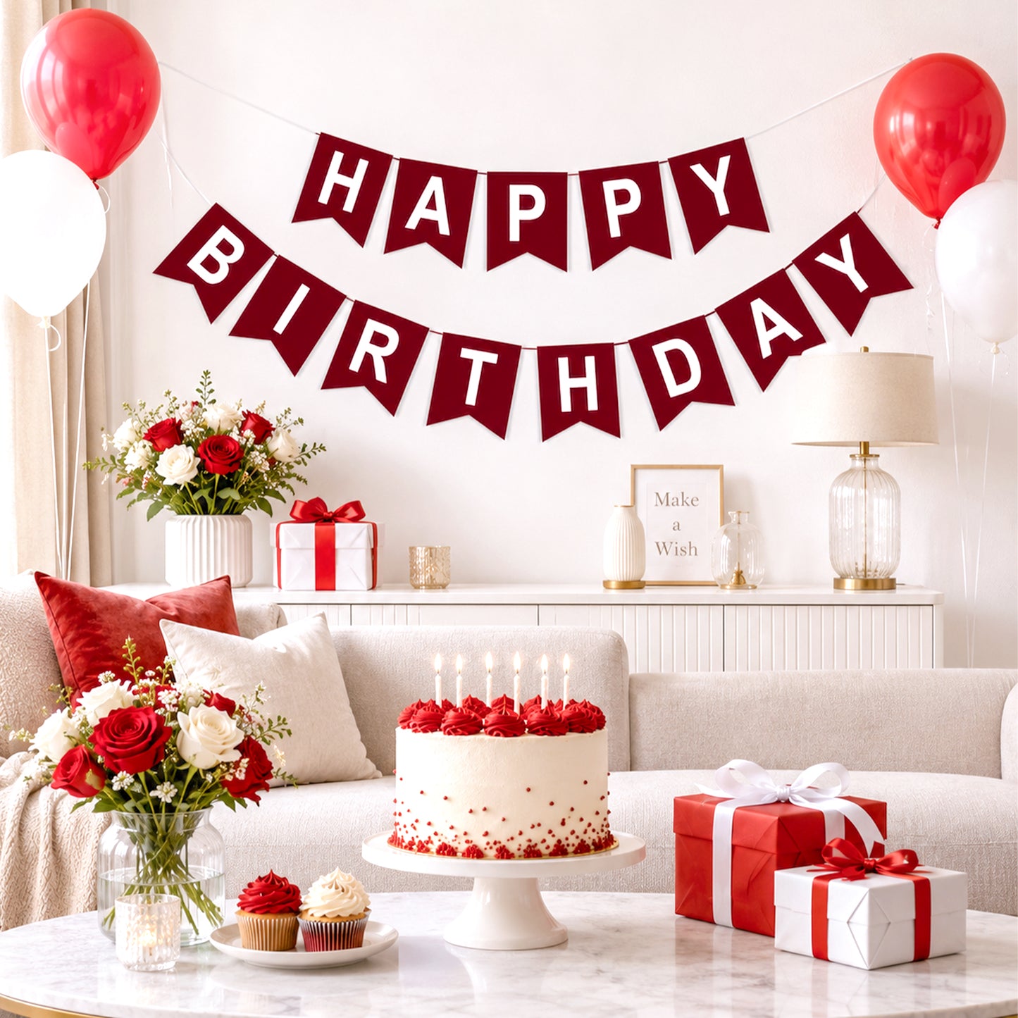 G2PLUS Pre-Strung Happy Birthday Banner Burgundy and White: 16 x 20 cm Large No-DIY Classic Birthday Banner for Elegant, Grown-up, Christmas Birthday Party Decorations