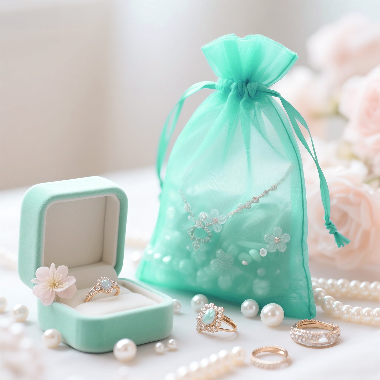 G2PLUS 25PCS Aqua Blue Organza Bags 5x7 inches - Sheer Mesh Jewelry Pouches, Organza Gift Bags with Drawstring for Candy, Jewelry, Wedding Party Favors