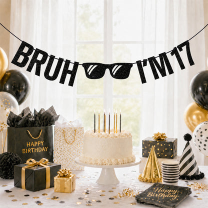 G2PLUS Pre-Strung 17th Birthday Banner, Glitter 17th Birthday Decorations Black Happy 17th Birthday Banner, 3m Bruh I'm 17 Banner, 17th Birthday Party Decorations for Boys