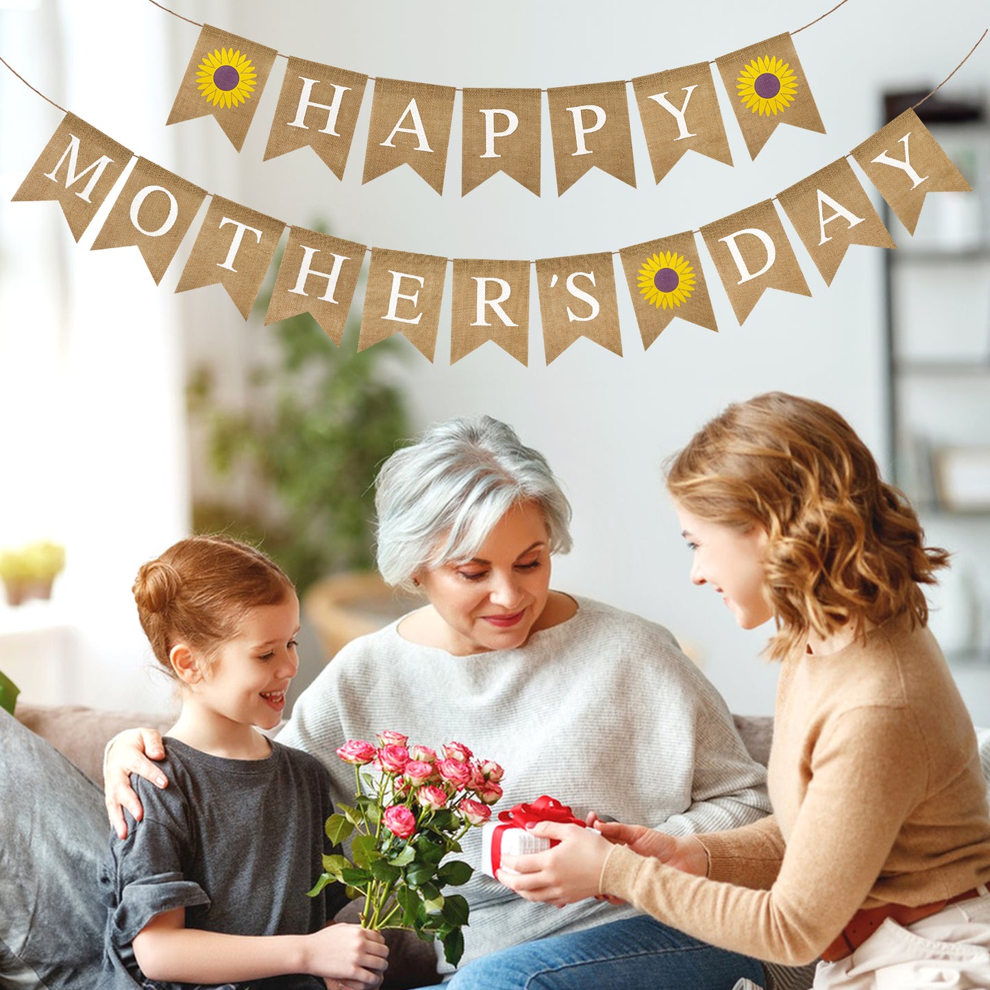 G2PLUS Happy Mother's Day Banner, Pre-strung Mothers Day Decorations Burlap Banner Garland with Sunflower, Rustic Mothers Day Party Bunting Decor for Home Wall Photo Backdrop Indoor Outdoor