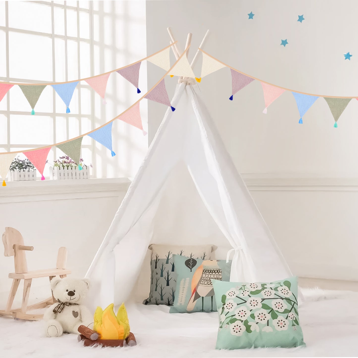 Pre-strung Cotton Fabric Bunting Banner, 9Ft Morandi Triangle Pennant Banner Flag, Double-Sided Bunting Garland with Tassels for Birthday, Nursery, Baby Shower, Classroom Hanging Decor