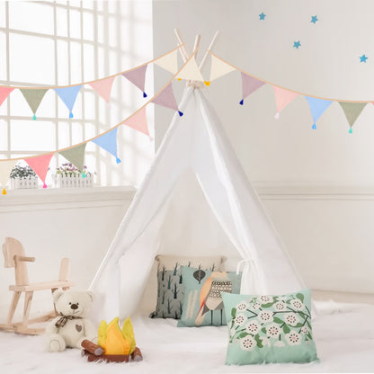 Pre-strung Cotton Fabric Bunting Banner, 9Ft Morandi Triangle Pennant Banner Flag, Double-Sided Bunting Garland with Tassels for Birthday, Nursery, Baby Shower, Classroom Hanging Decor