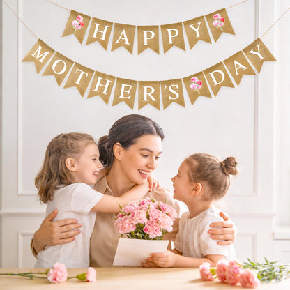 G2PLUS Happy Mother's Day Banner, Pre-strung Mothers Day Decorations Burlap Banner Garland with Carnation, Rustic Mothers Day Party Bunting Decor for Home Wall Photo Backdrop Indoor Outdoor