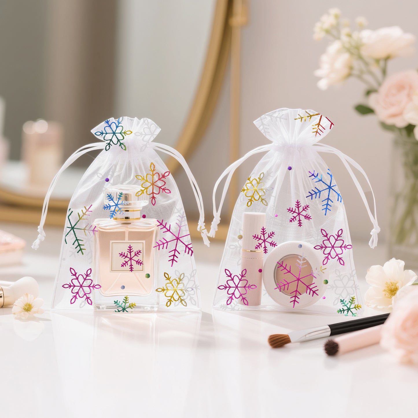 G2PLUS 50Pcs Christmas Drawstring Organza Bags 4x6 - Christmas Snowflake Organza Gift Bags, Colored Sheer Mesh Pouches, Xmas Winter Holiday Gift Wrap Pouches for Jewelry, Candy, Goodies