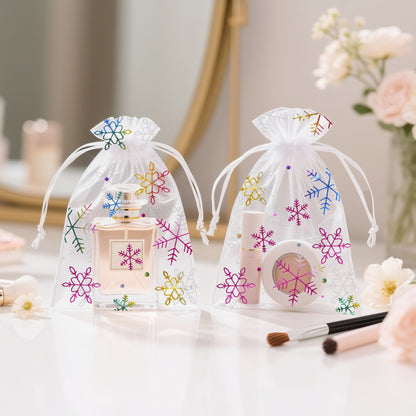 G2PLUS 50Pcs Christmas Drawstring Organza Bags 4x6 - Christmas Snowflake Organza Gift Bags, Colored Sheer Mesh Pouches, Xmas Winter Holiday Gift Wrap Pouches for Jewelry, Candy, Goodies