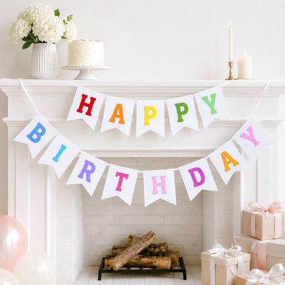 G2PLUS White Happy Birthday Bunting Felt: Pre-Strung Birthday Banner for Adults and Kids Birthday Party Decoration