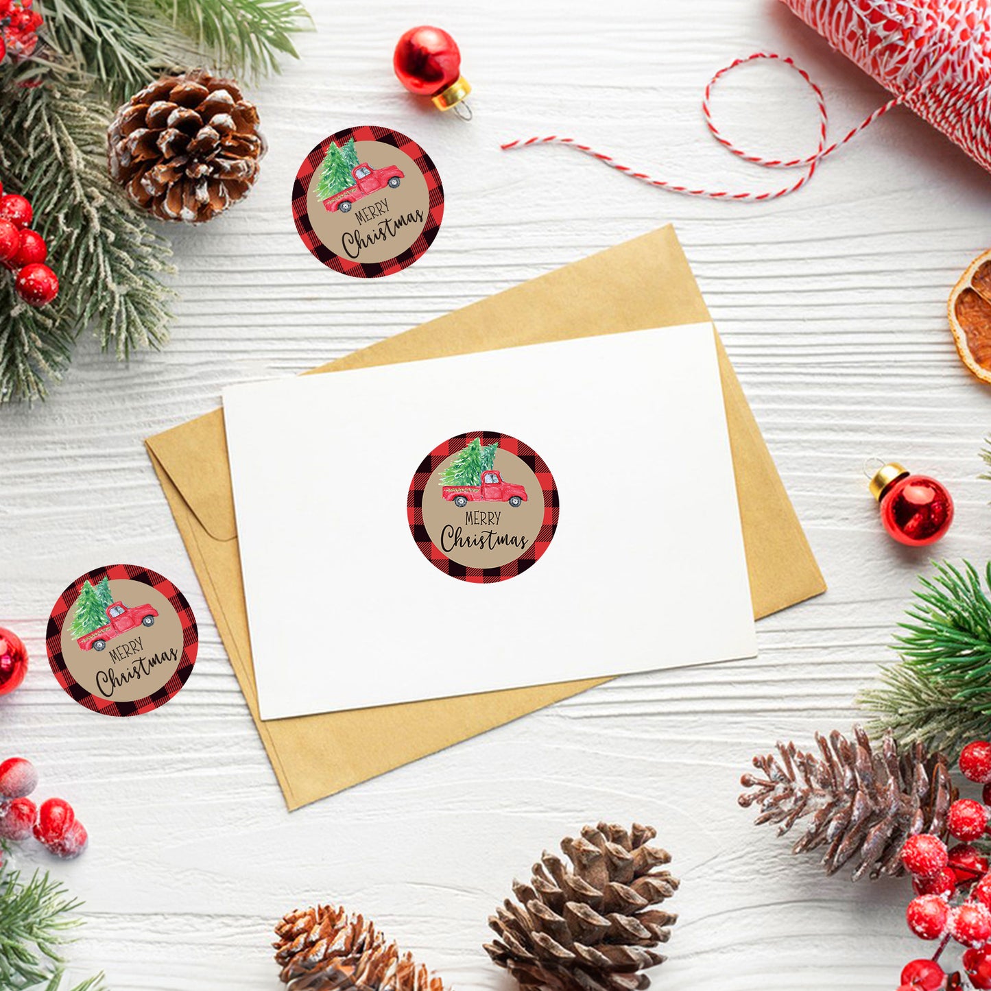 G2PLUS Merry Christmas Stickers, 120PCS Christmas Truck Stickers, 2'' Round Christmas Gift Stickers, Red Black Buffalo Plaid Christmas Stickers, Xmas Tree Gift Stickers for Cards and Envelope Seals