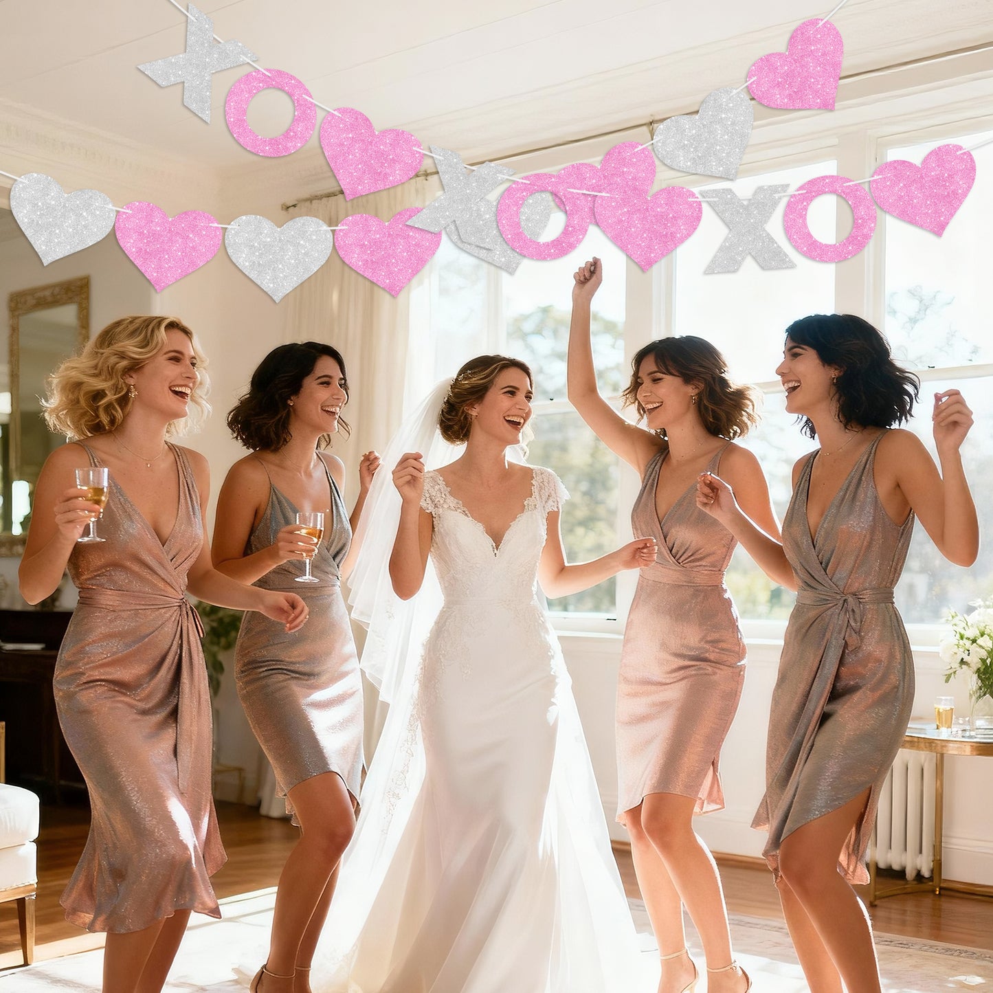 G2PLUS Valentines Day Banner, Glitter Pink Sliver Heart Party Banner, Pre-strung XOXO Paper Bunting Flag Garlands for Valentine’s Day, Anniversary, Birthday, Wedding, Bridal Shower & Photo Backdrop