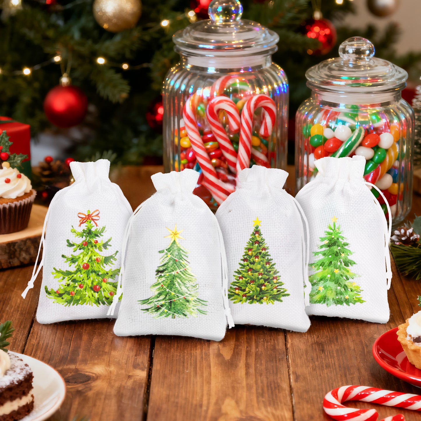 G2PLUS 24Pcs Christmas Drawstring Burlap Gift Bags - 4X6 In Christmas Advent Calendar Bags, 4 Design Xmas Tree Burlap Bag, White Treat Goody Bag for Xmas Holiday Party Favors
