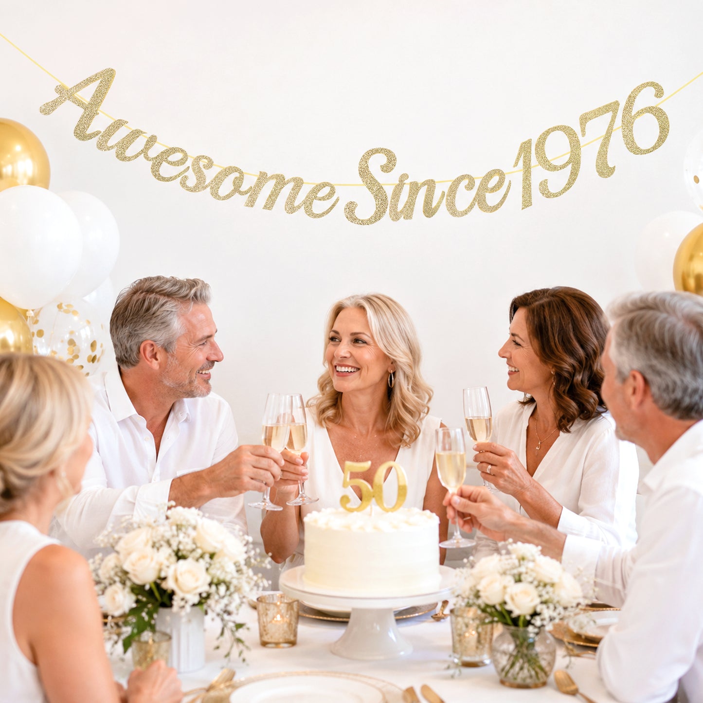 G2PLUS Pre-Strung 50th Birthday Banner, Glitter 50th Birthday Decorations Champagne Gold Happy 50th Birthday Banner, 3m Awesome Since 1976 Banner, 50th Birthday Party Decorations