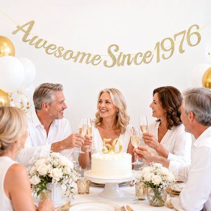 G2PLUS Pre-Strung 50th Birthday Banner, Glitter 50th Birthday Decorations Champagne Gold Happy 50th Birthday Banner, 3m Awesome Since 1976 Banner, 50th Birthday Party Decorations