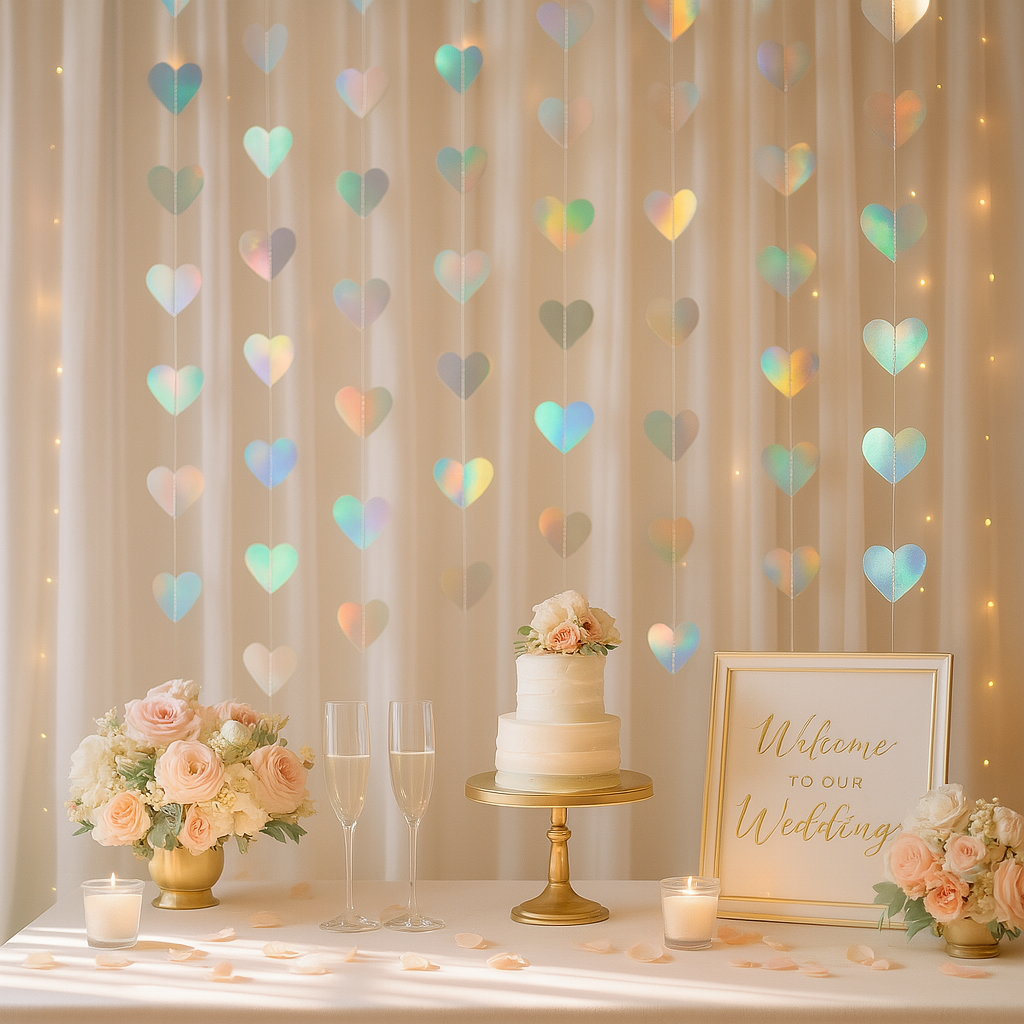G2PLUS Iridescent Silver Heart Garlands: 12m Holographic Hanging Paper Streamers, Iridescent Party Decorations for Engagement, Wedding, Anniversary, Valentine's Day