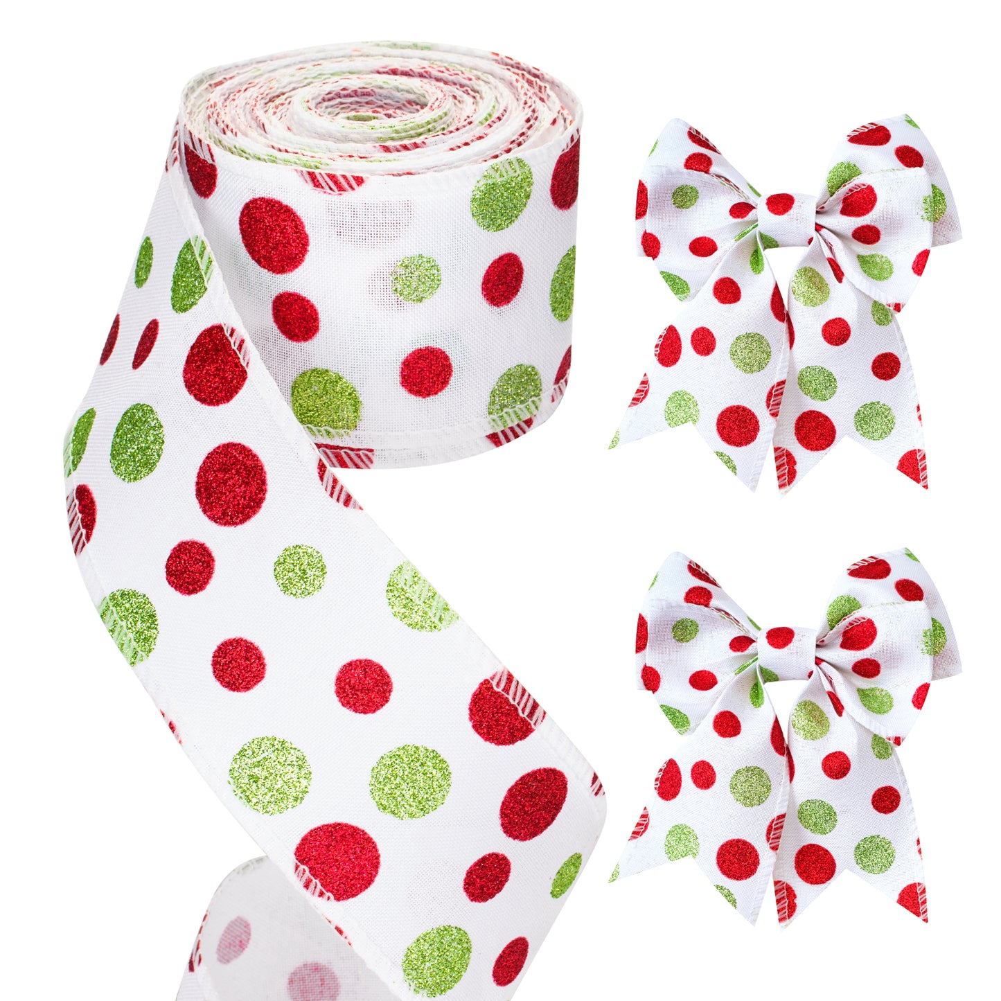 G2PLUS 63mm Wired Burlap Ribbon, 10M Christmas Wired Ribbon for Wreaths, Christmas Ribbon for Gift Wrapping, White Ribbon with Red and Green Dots for Bows and Christmas Wreaths Project