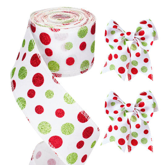 G2PLUS 63mm Wired Burlap Ribbon, 10M Christmas Wired Ribbon for Wreaths, Christmas Ribbon for Gift Wrapping, White Ribbon with Red and Green Dots for Bows and Christmas Wreaths Project