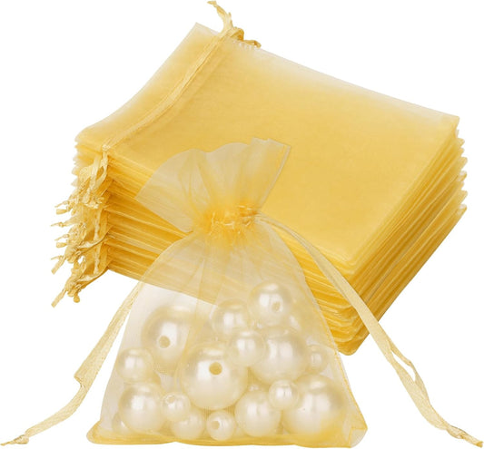 G2PLUS Gold Organza Gift Pouches - 7x9 CM Small Organza Favor Bags, 50 PCS Wedding Jewelry Bags - Clear Mesh Pouches for Wedding, Christmas, Birthday, Anniversary