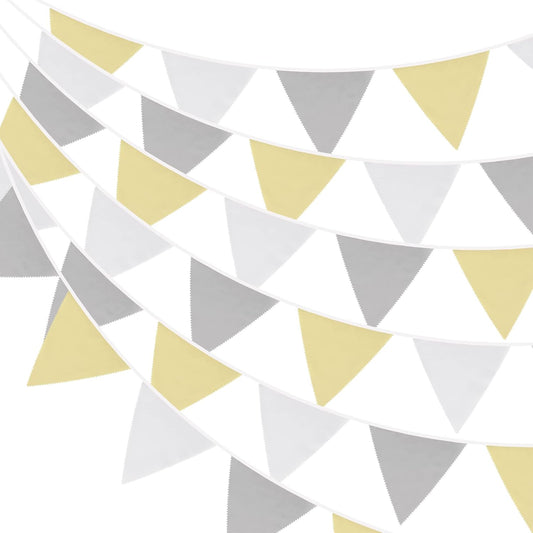 G2PLUS 12M Large Fabric Bunting Banner, 19x21CM Reusable Cotton Triangle Flag Garland with 42PCS Yellow Grey and White Pennants for Garden Tea Wedding Baby Shower Birthday Parties