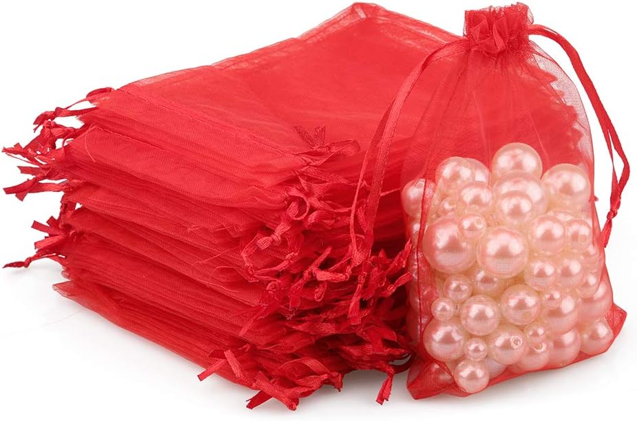 G2PLUS Red Organza Gift Pouches, 10x15 CM Medium Organza Favour Bags, 100 PCS Wedding Jewelry Bags, Clear Mesh Pouches Perfect for Wedding, Christmas, Birthday, Anniversary