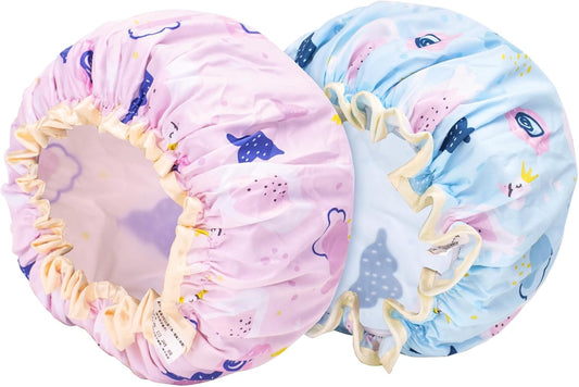 G2PLUS 2PCS Kids Shower Caps, Elastic Bath Caps for Kids, Double layer Children Shower Caps, Reusable Childs Shower Hats for Girls/Boys