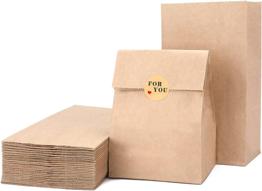 G2PLUS 50 PCS Brown Paper Bags Medium- 13x8x24 CM Kraft Candy Paper Bags - Paper Candy Favor Bags with Stickers for Snack, Birthday, Wedding and Easter Xmas Party Supplier