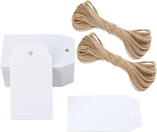 G2PLUS 100 PCS Kraft Gift Tags - White Blank Paper Tags 4x7 cm - 300g/m² Hang Paper Labels with String for Wedding Favors Presents