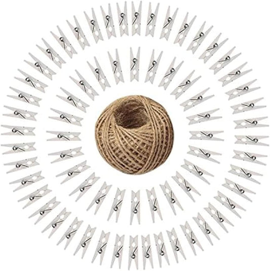 G2PLUS 100PCS Mini Wooden Pegs - 3.5cm Wooden Photo Display Clips - Tiny Wooden Clothes Pegs with 30 M Jute String for Arts and Crafts, Weddings & Events