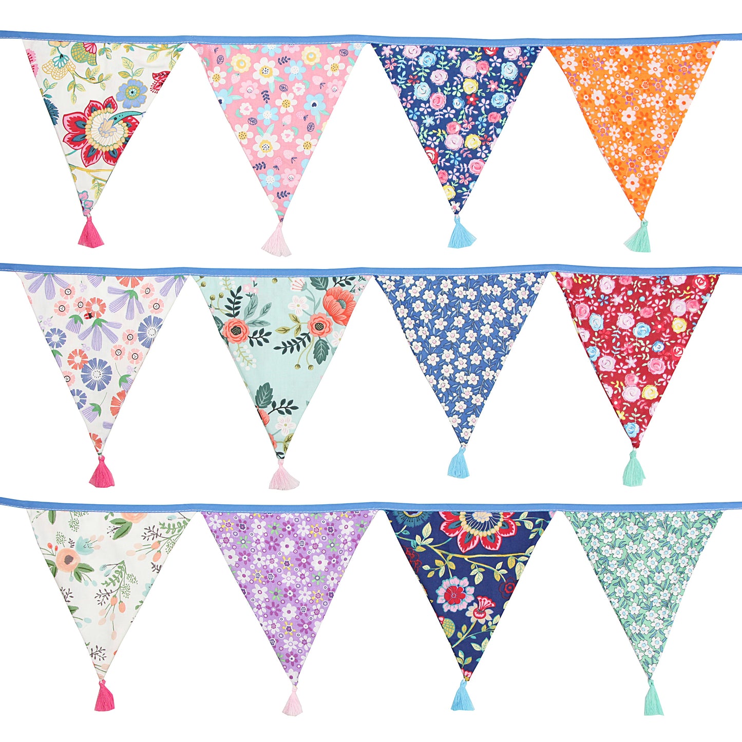 G2PLUS 10.8Ft Cotton Triangle Bunting Banner – 12pcs Multicolor Floral Fabric Pennant Flag with Tassels, Double Side Triangle Banner Garland for Weddings, Birthdays, Garden & Baby Showers
