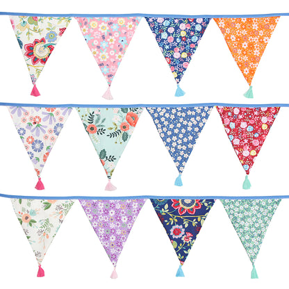 G2PLUS 10.8Ft Cotton Triangle Bunting Banner – 12pcs Multicolor Floral Fabric Pennant Flag with Tassels, Double Side Triangle Banner Garland for Weddings, Birthdays, Garden & Baby Showers