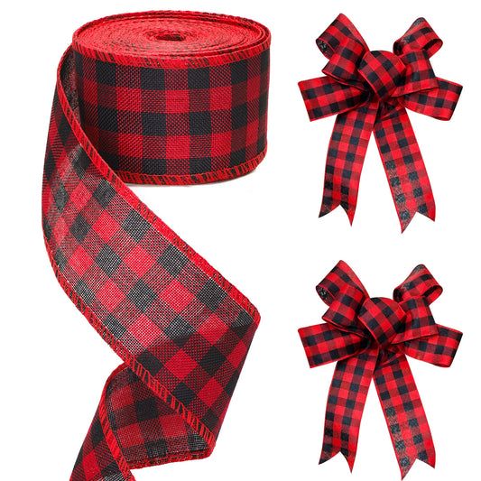 G2PLUS 63mm Red and Black Gingham Ribbon, Christmas Wired Ribbon, 10M Wired Edge Hessian Ribbon, Christmas Ribbon for Gift Wrapping, Plaid Ribbon for Bows and Christmas Wreaths Project