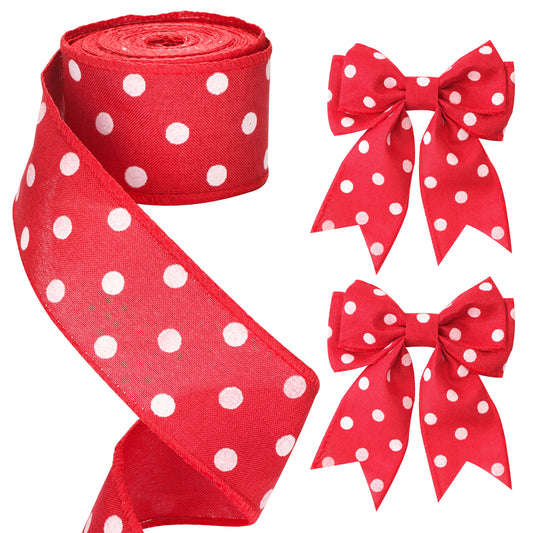 G2PLUS 63mm Wired Burlap Ribbon, 10M Christmas Wired Ribbon for Wreaths, Christmas Ribbon for Gift Wrapping, Red Ribbon with White Dots for Bows and Christmas Wreaths Project