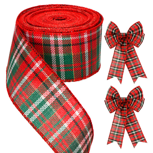 G2PLUS 63mm Tartan Ribbon, Wired Burlap Ribbon, Christmas Wired Ribbon, Christmas Ribbon for Gift Wrapping, Red and Green Plaid Ribbon for Bows and Christmas Wreaths Project