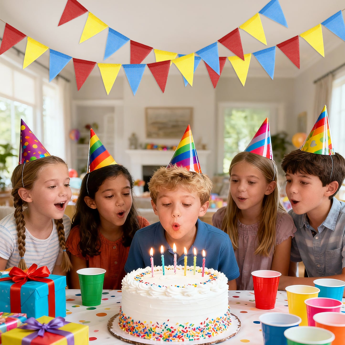 G2PLUS Pre-Strung Burlap Pennant Banners, 39Ft Red Yellow Blue Triangle Flag Bunting, 36Pcs Pennant Banner Flags Garland for Birthday, Carnival, School Events, Baby Shower, Wedding and Party Decor