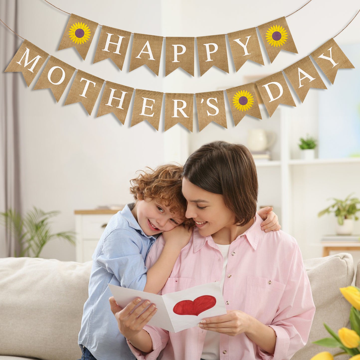 G2PLUS Happy Mother's Day Banner, Pre-strung Mothers Day Decorations Burlap Banner Garland with Sunflower, Rustic Mothers Day Party Bunting Decor for Home Wall Photo Backdrop Indoor Outdoor