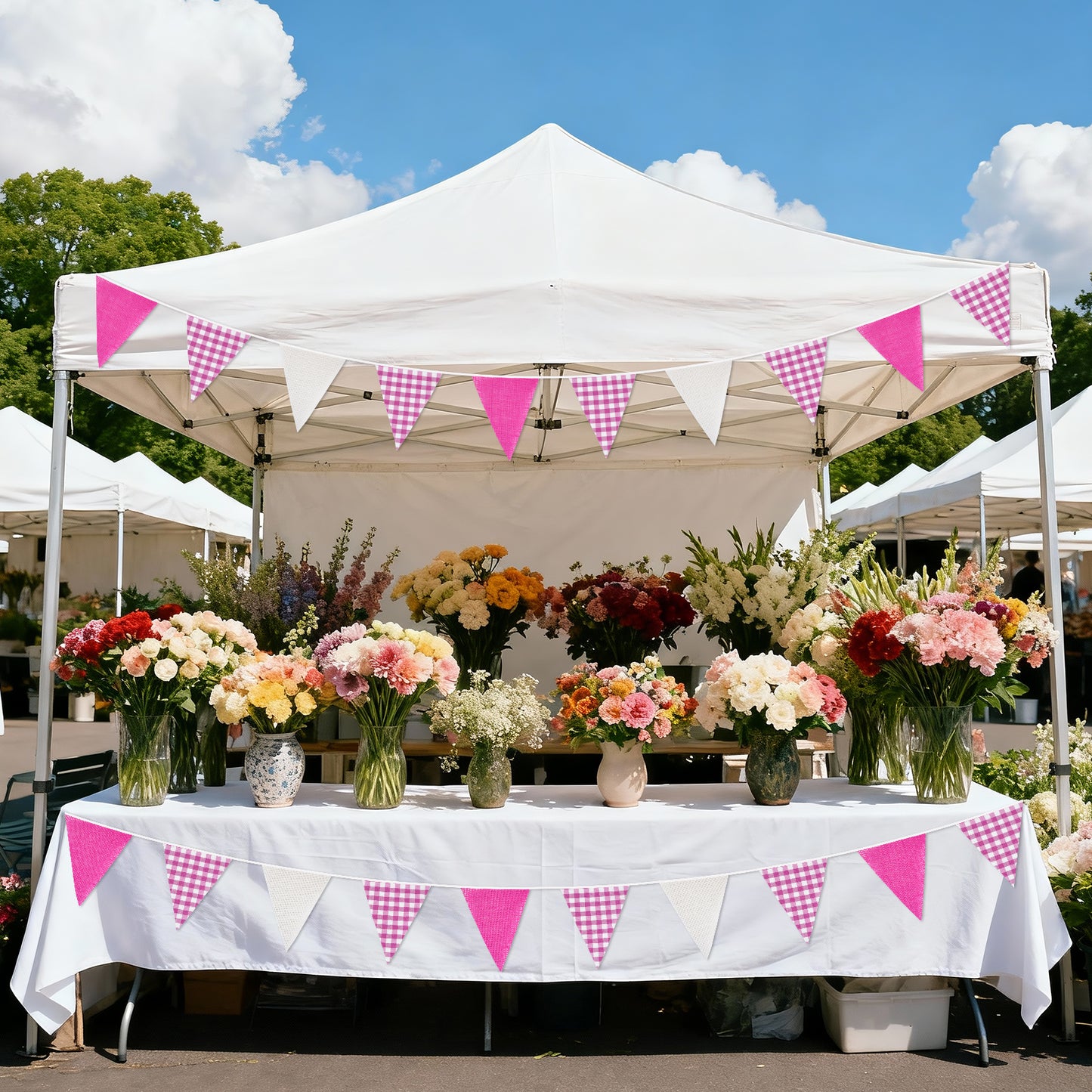 G2PLUS Pink and White Checkered Banner, 32Ft Pink Pennant Banner Garland, Party Decorations Triangular Bunting Garland for Baby Shower Girl, Birthday Party, Bridal Shower, Wedding Décor, Valentine’s Day & Outdoor Celebrations