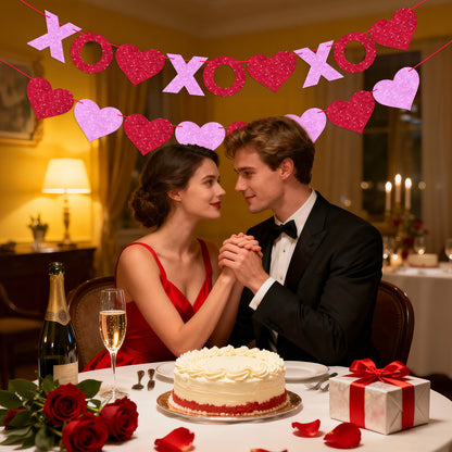 G2PLUS Valentines Day Banner, Glitter Red Pink Heart Party Banner, Pre-strung XOXO Paper Bunting Flag Garlands for Valentine’s Day, Anniversary, Wedding, Home Decoration & Photo Backdrop