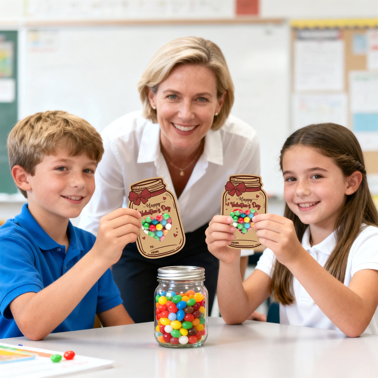 G2PLUS Valentines Day Cards, 50Pack Happy Valentine’s Day Mason Jar Cards with Treat Bags, Heart Cutout Blank Card for Classroom Valentines, Kids Exchange Cards & Valentine Party Favors