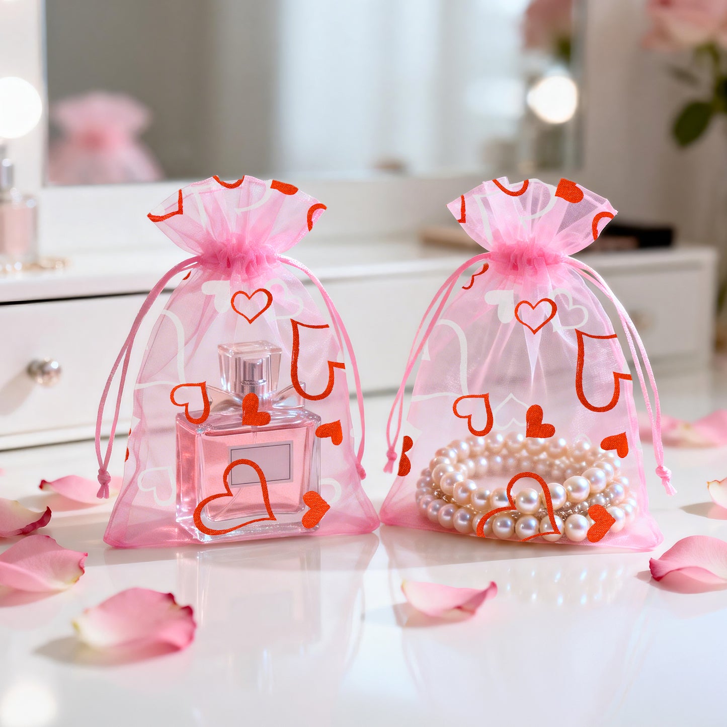 G2PLUS 50PCS Valentines Gift Bags Organza 4x6in, Pink Foil Heart Sheer Mesh Organza Pouches with Drawstring for Valentines Day Party Favors, Candy Gift Bags & Wedding Favors