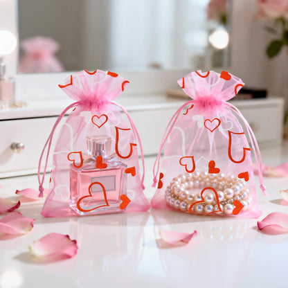 G2PLUS 50PCS Valentines Gift Bags Organza 4x6in, Pink Foil Heart Sheer Mesh Organza Pouches with Drawstring for Valentines Day Party Favors, Candy Gift Bags & Wedding Favors