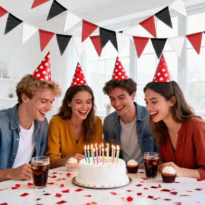 G2PLUS Pre-Strung Burlap Pennant Banner, 39Ft Black Red White Triangle Flag Bunting, Waterproof Reusable Pennant Banner Bunting Garland for Graduation Party, Sports Theme, Indoor Outdoor Decorations