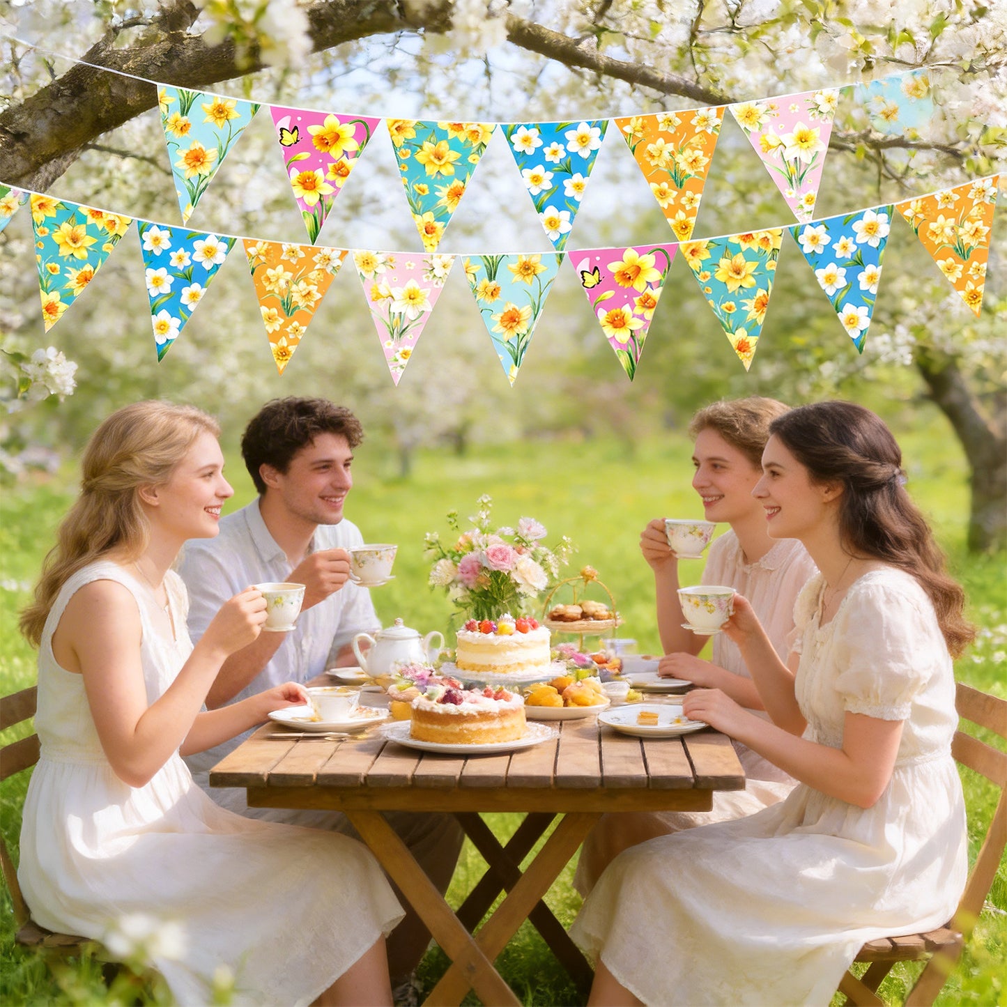 G2PLUS Floral Triangle Banner, 39Ft Pre-Strung Wildflower Paper Bunting Garland, Double Sided Pennant Banner for Tea Party, Birthday, Baby Shower, Garden, Spring Party Decorations (Yellow Narcissus)