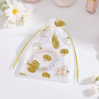 G2PLUS 50Pcs Fall Drawstring Organza Bags 4x6 In - Thanksgiving Organza Bags, White Sheer Mesh Pouches, Gold Pumpkin Candy Treat Bag for Wedding, Baby Shower, Autumn Holiday Party Favors