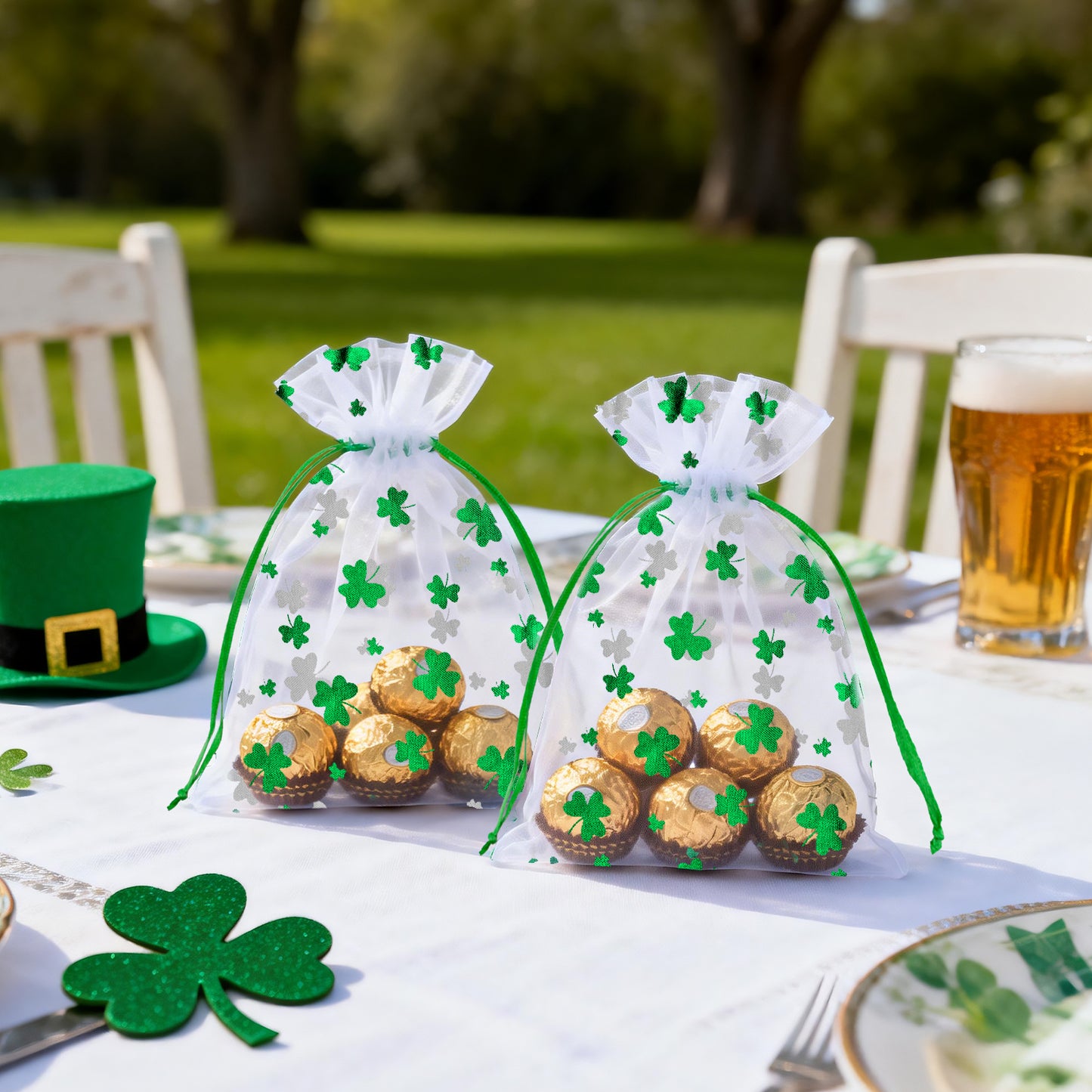 G2PLUS 50PCS St.Patrick's Day Gift Bags Organza 5x7in, Green Foil Shamrock Sheer Mesh Organza Pouches with Drawstring for St.Patrick's Day Party Favors, Candy Gift Bags & Wedding Favors