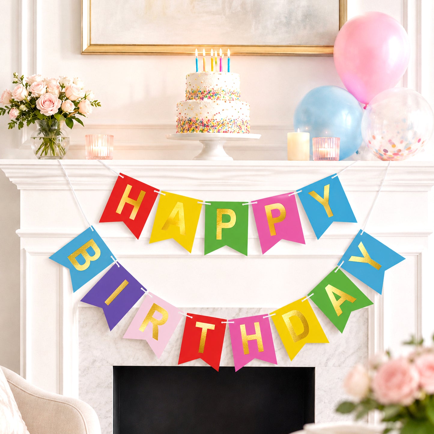 G2PLUS Pre-Strung Happy Birthday Banner Gold Corlorful: 16 x 20 cm Large No-DIY Birthday Banner for Kid's Birthday Party Decorations