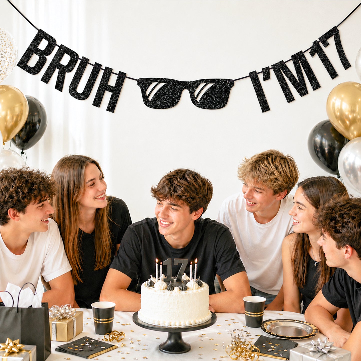 G2PLUS Pre-Strung 17th Birthday Banner, Glitter 17th Birthday Decorations Black Happy 17th Birthday Banner, 3m Bruh I'm 17 Banner, 17th Birthday Party Decorations for Boys