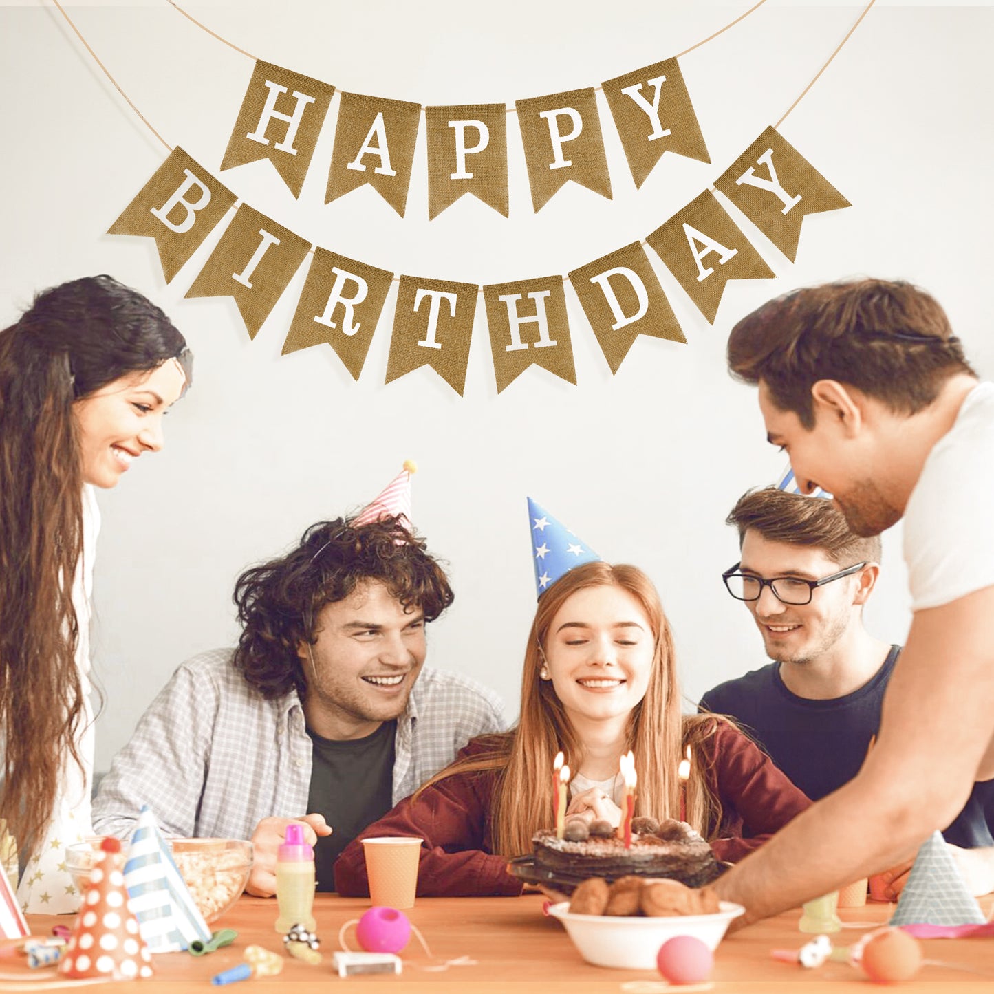 G2PLUS Happy Birthday Banners Burlap, Pre-Strung Happy Birthday Banner Sign, Rustic Happy Birthday Garland Bunting for Party Decorations, Reusable Hanging Backdrop for Cake Table
