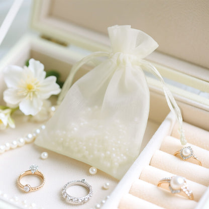 G2PLUS 100PCS Drawstring Organza Bags - Ivory Organza Bags 4x6 in Sheer Mesh Jewelry Pouches Candy Gift Wrap Pouch for Christmas, Wedding Party Favors